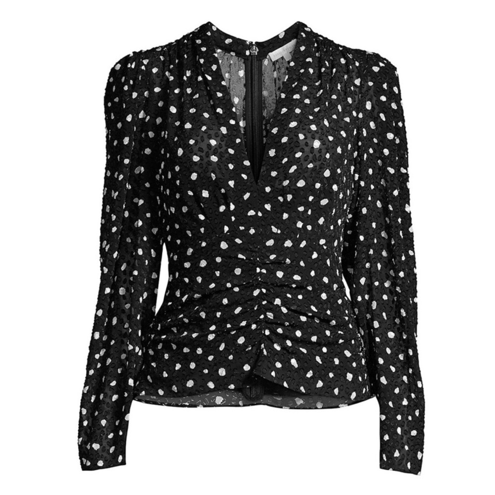 Rebecca Taylor Women's Black Dotted Long-Sleeve V-Neck Ruched Blouse 10